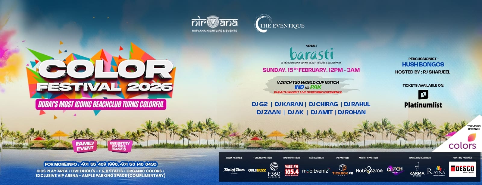 Color Festival 2026, Holi + IND vs PAK Live Screening at Barasti Beach Concerts at directholidaysme.com Color Festival 2026, Holi + IND vs PAK Live Screening at Barasti Beach Concerts at bahrainmegadeals.com